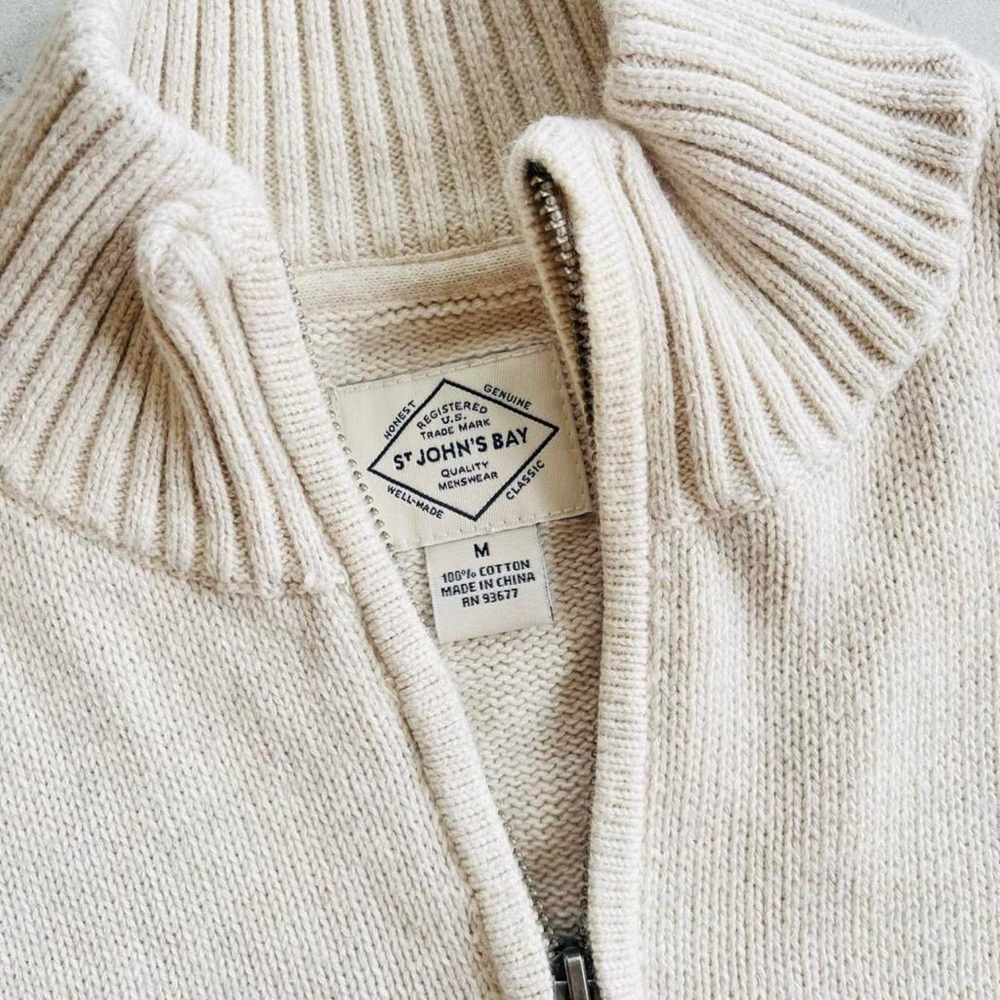 St. John’s Bay Cream Tone Quarter Zip Mockneck Cotton Knit Sweater M - Picture 3 of 5